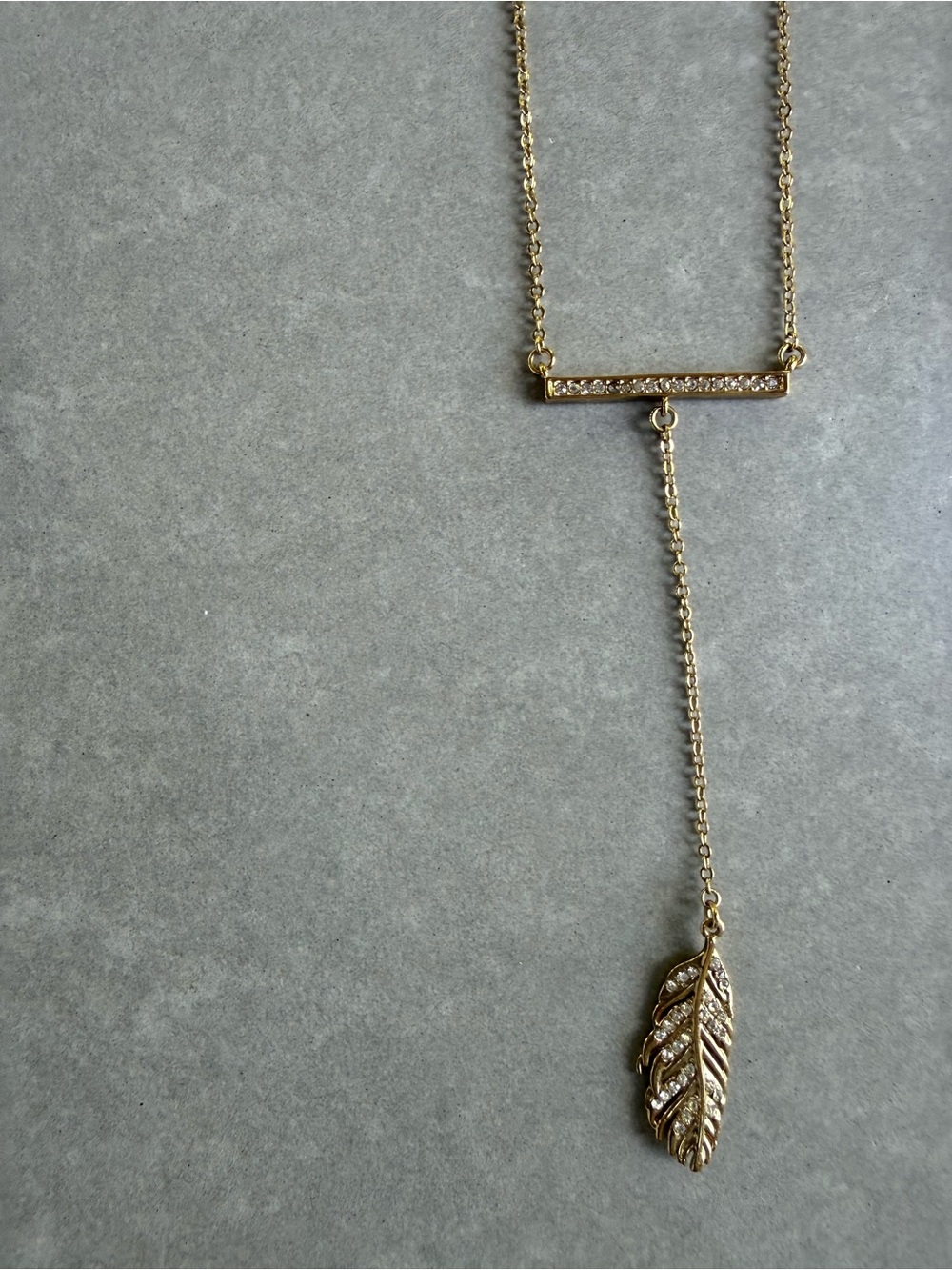 Gold Leaf Lariat Necklace with Crystal Bar